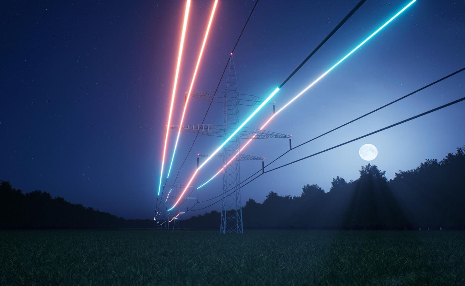 Power lines glowing under night sky with neon trails