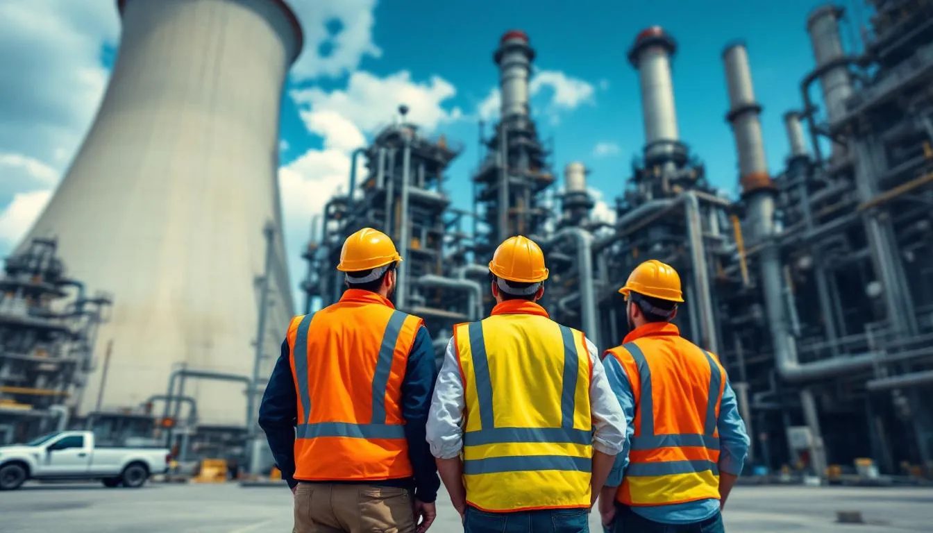 Workers serving complex pipeline infrastructure inside energy plant