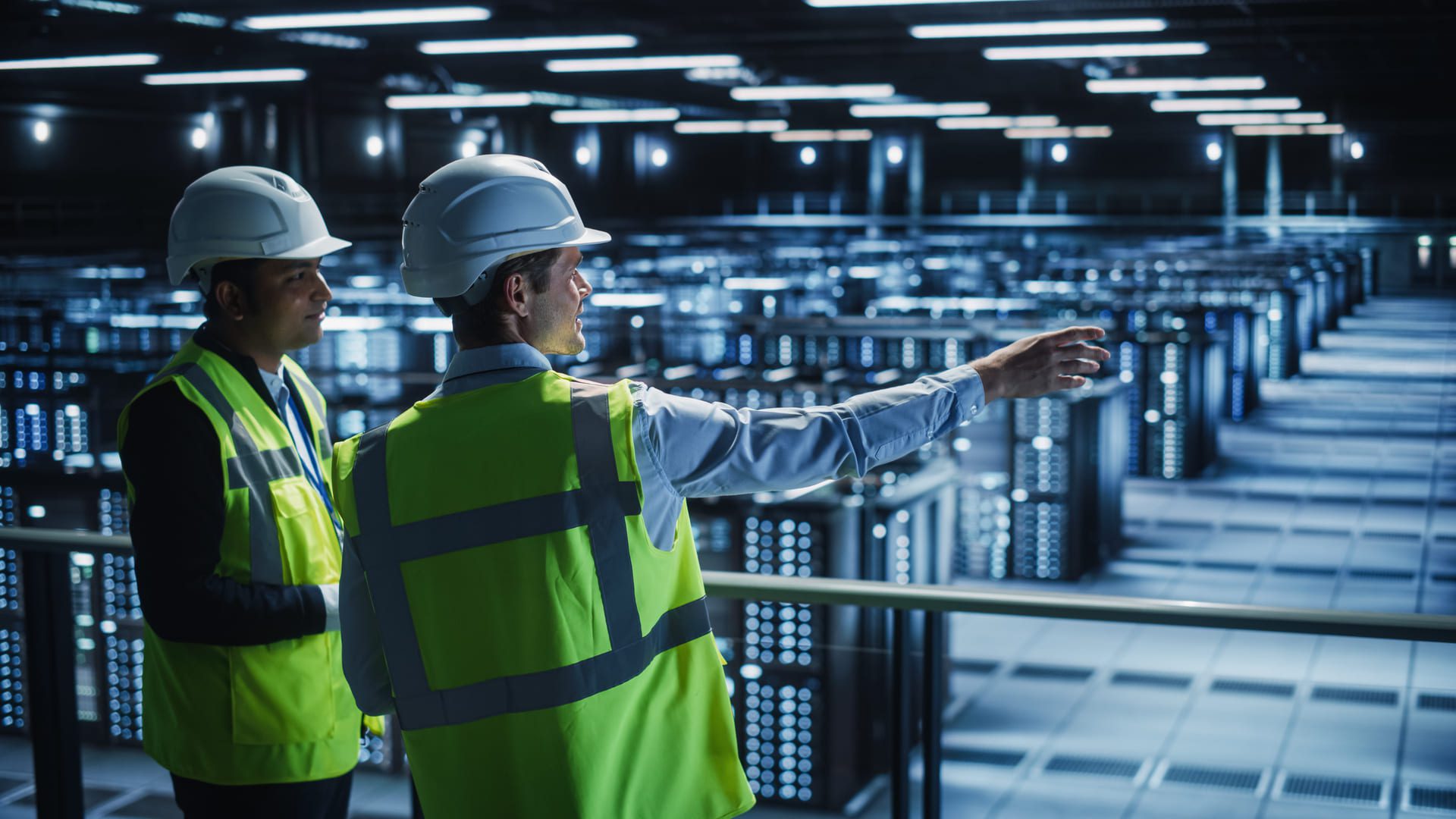Worker in reflective vest inspecting modern data center facility
