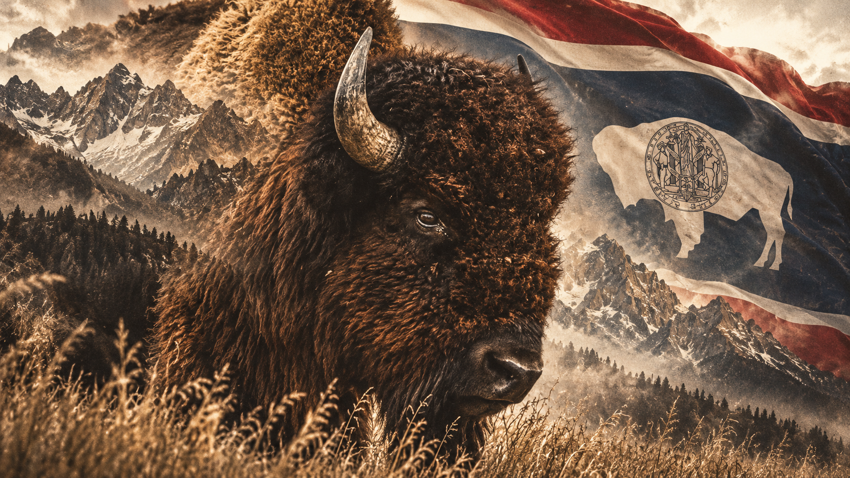 Bison, mountain landscape, and Wyoming state flag